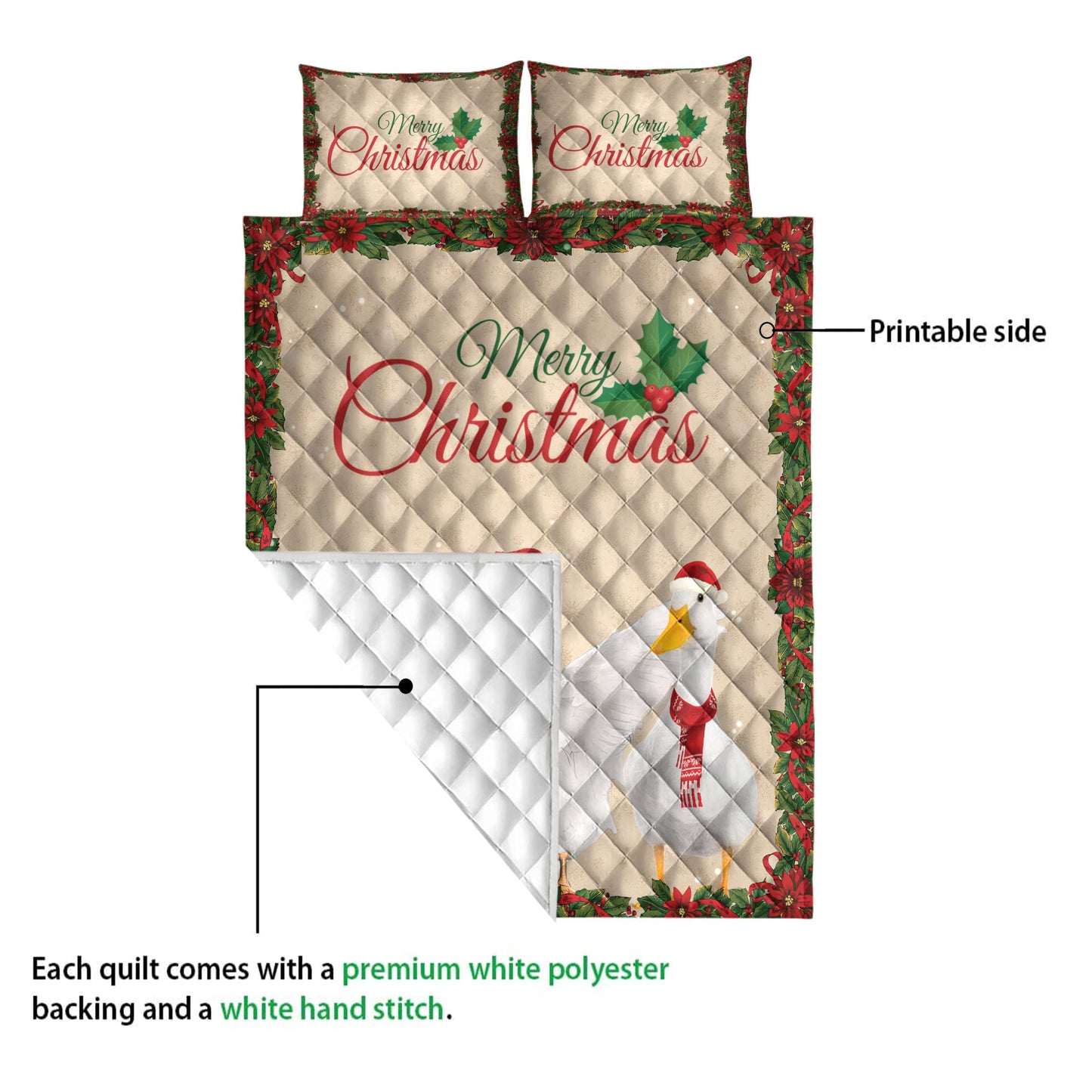 Duck Quilt Set, Merrymas Duck With Santa Hat Duck Quilt Blanket With Pillowcases, Quilt Bedding Set, Christmas Gift