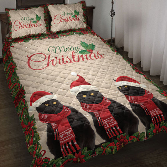 Black Cat Quilt Set, Merrymas Black Cat With Santa Hat Cat Quilt Blanket With Pillowcases, Quilt Bedding Set, Christmas Gift