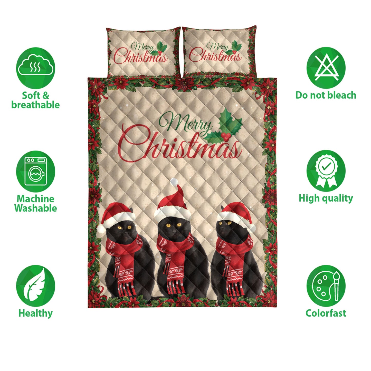 Black Cat Quilt Set, Merrymas Black Cat With Santa Hat Cat Quilt Blanket With Pillowcases, Quilt Bedding Set, Christmas Gift