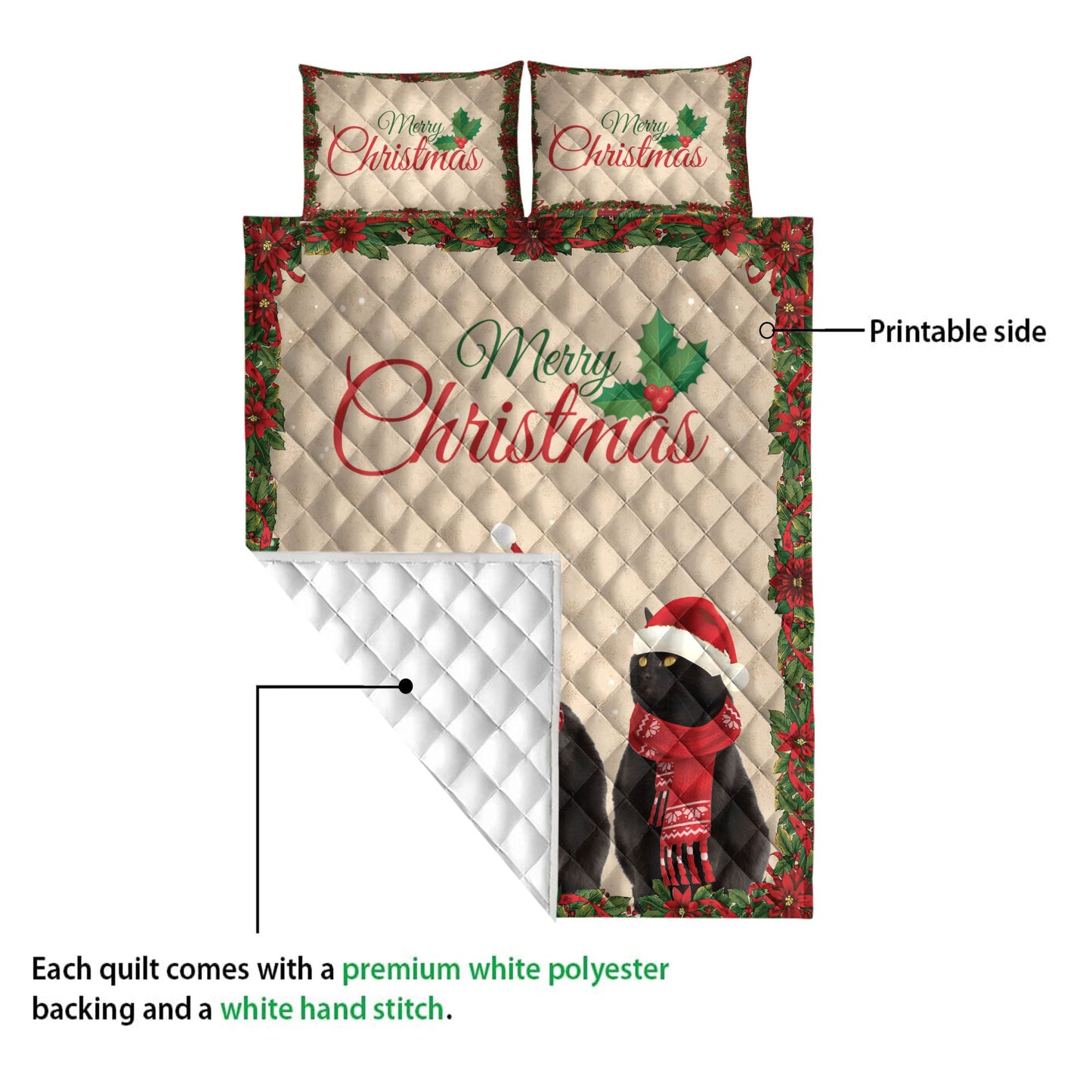 Black Cat Quilt Set, Merrymas Black Cat With Santa Hat Cat Quilt Blanket With Pillowcases, Quilt Bedding Set, Christmas Gift