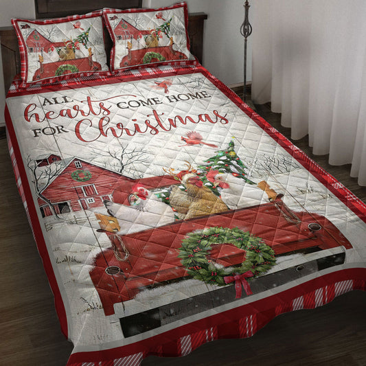 Chicken Quilt Set, Chicken With Truckmas Tree Snowflake Cozy Farmho Use Red Plaid Quilt Blanket With Pillowcases, Quilt Bedding Set, Christmas Gift