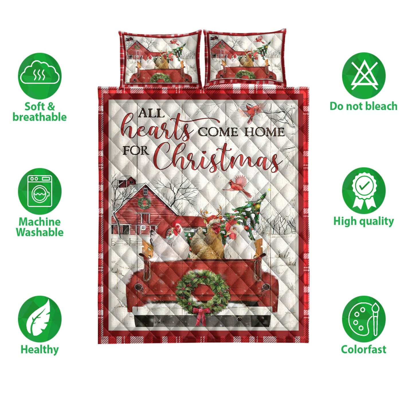 Chicken Quilt Set, Chicken With Truckmas Tree Snowflake Cozy Farmho Use Red Plaid Quilt Blanket With Pillowcases, Quilt Bedding Set, Christmas Gift