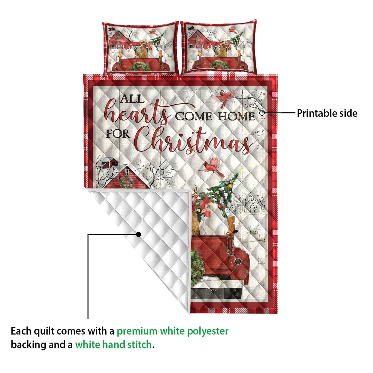 Chicken Quilt Set, Chicken With Truckmas Tree Snowflake Cozy Farmho Use Red Plaid Quilt Blanket With Pillowcases, Quilt Bedding Set, Christmas Gift