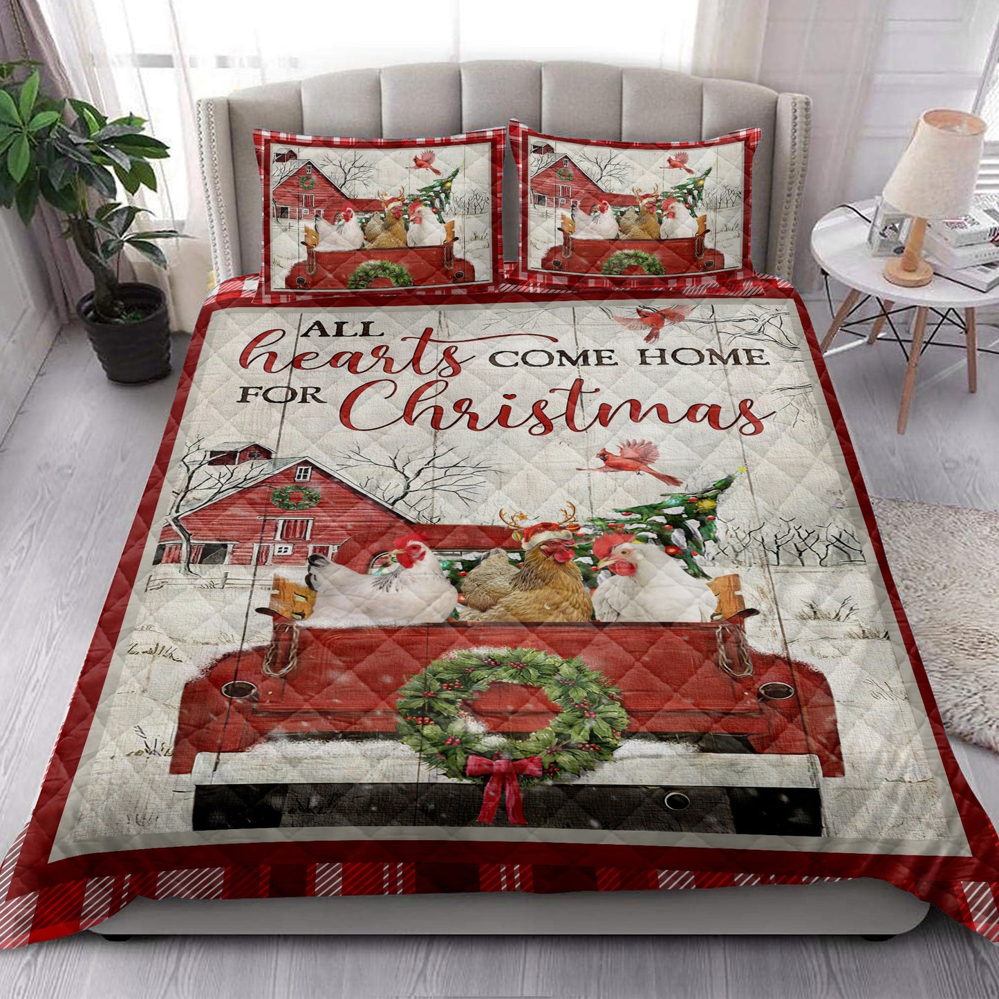 Chicken Quilt Set, Chicken With Truckmas Tree Snowflake Cozy Farmho Use Red Plaid Quilt Blanket With Pillowcases, Quilt Bedding Set, Christmas Gift