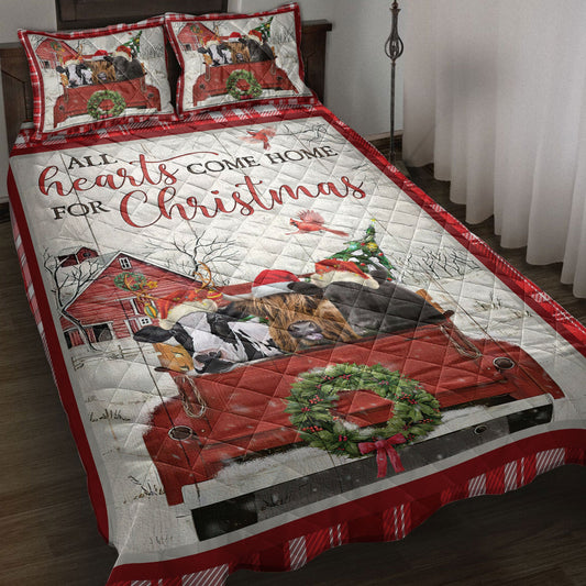 Cow Quilt Set, Cow With Truckmas Tree Snowflake Cozy Farmho Use Red Plaid Quilt Blanket With Pillowcases, Quilt Bedding Set, Christmas Gift