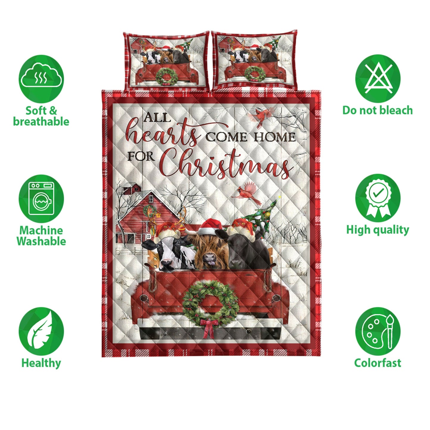Cow Quilt Set, Cow With Truckmas Tree Snowflake Cozy Farmho Use Red Plaid Quilt Blanket With Pillowcases, Quilt Bedding Set, Christmas Gift