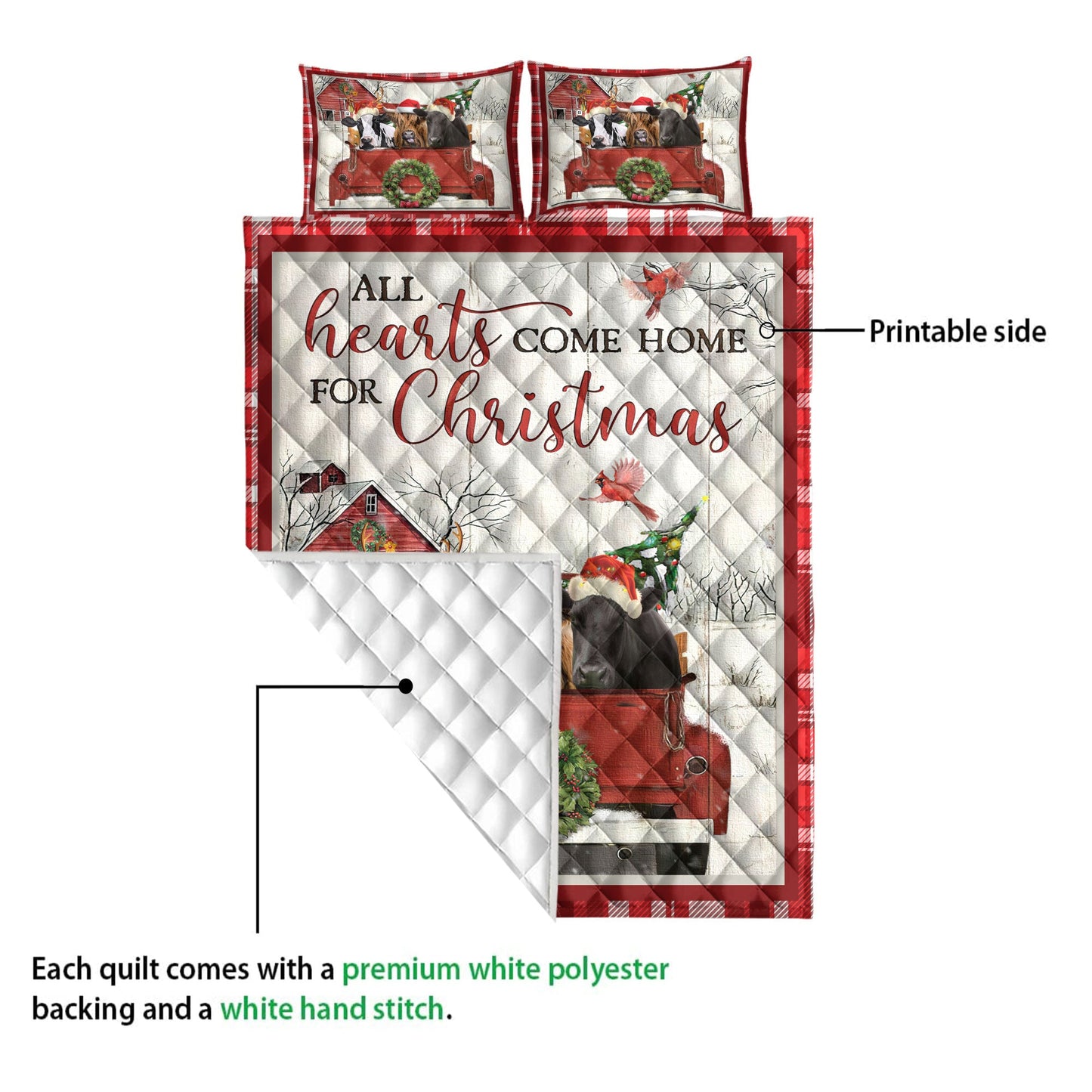 Cow Quilt Set, Cow With Truckmas Tree Snowflake Cozy Farmho Use Red Plaid Quilt Blanket With Pillowcases, Quilt Bedding Set, Christmas Gift