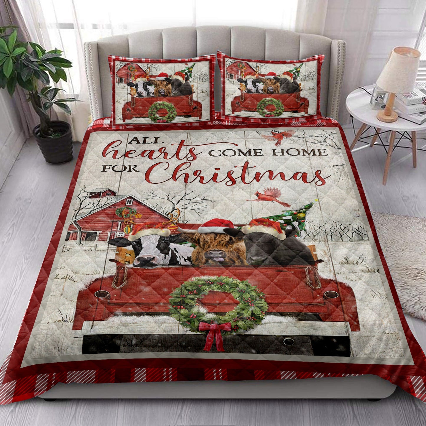 Cow Quilt Set, Cow With Truckmas Tree Snowflake Cozy Farmho Use Red Plaid Quilt Blanket With Pillowcases, Quilt Bedding Set, Christmas Gift