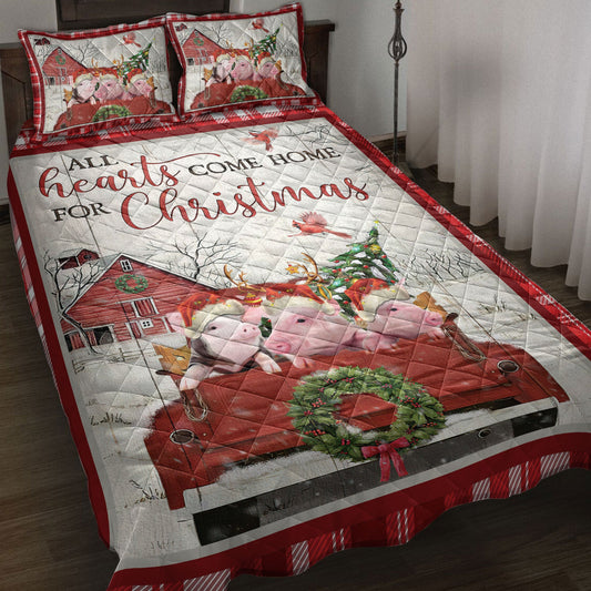 Pig Quilt Set, Pig With Truckmas Tree Snowflake Cozy Farmho Use Red Plaid Quilt Blanket With Pillowcases, Quilt Bedding Set, Christmas Gift