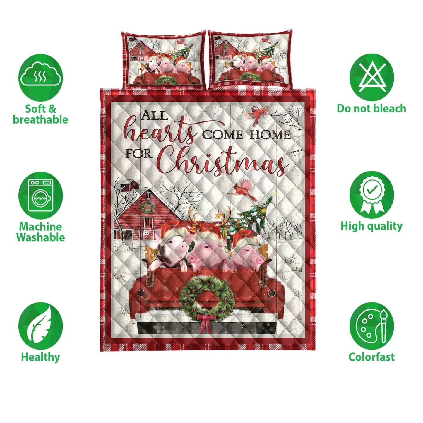 Pig Quilt Set, Pig With Truckmas Tree Snowflake Cozy Farmho Use Red Plaid Quilt Blanket With Pillowcases, Quilt Bedding Set, Christmas Gift