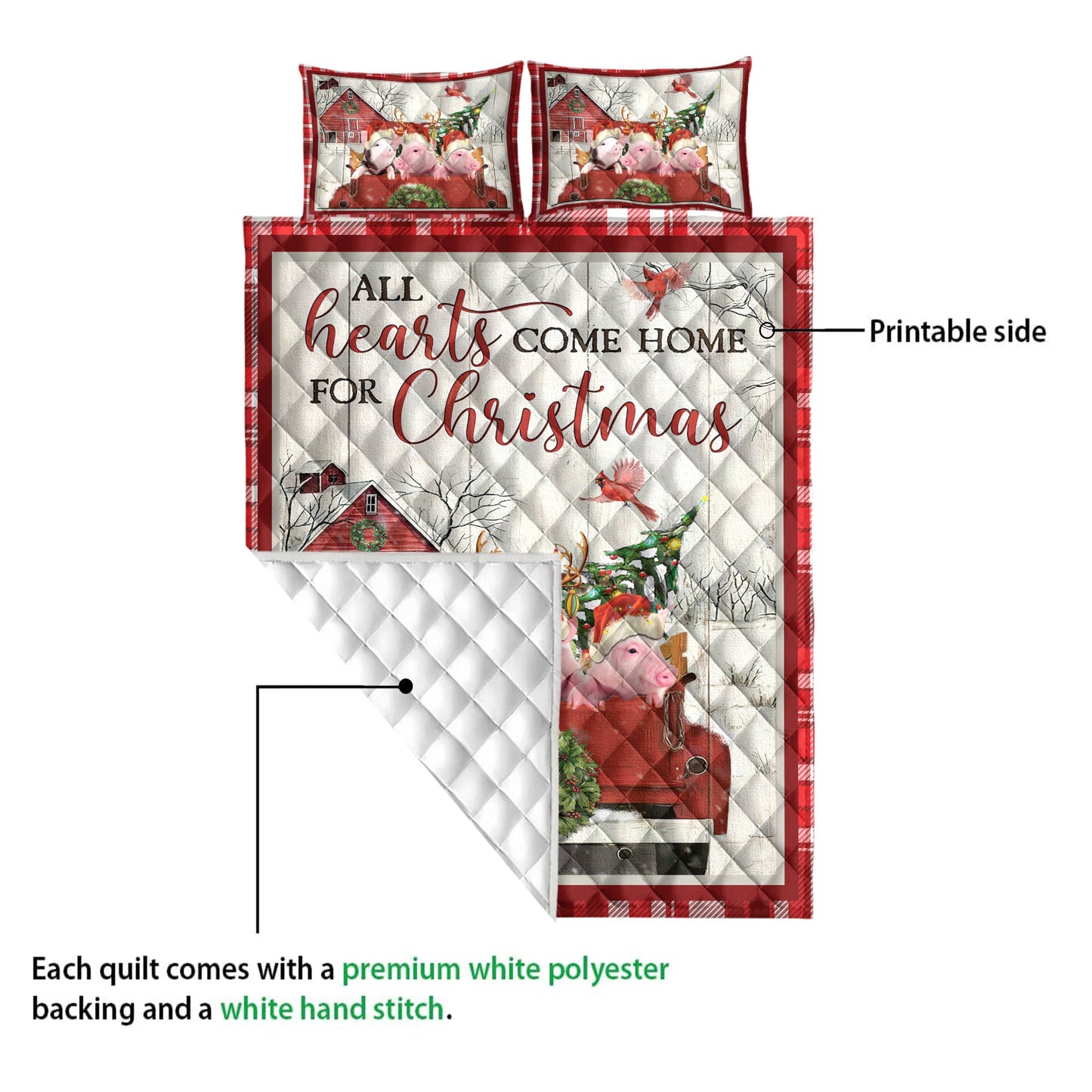 Pig Quilt Set, Pig With Truckmas Tree Snowflake Cozy Farmho Use Red Plaid Quilt Blanket With Pillowcases, Quilt Bedding Set, Christmas Gift