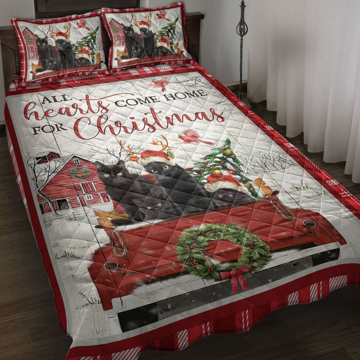 Black Cat Quilt Set, Black Cat With Truckmas Tree Snowflake Farmho Use Red Plaid Quilt Blanket With Pillowcases, Quilt Bedding Set, Christmas Gift