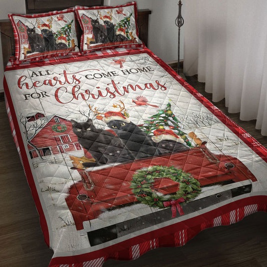 Black Cat Quilt Set, Black Cat With Truckmas Tree Snowflake Farmho Use Red Plaid Quilt Blanket With Pillowcases, Quilt Bedding Set, Christmas Gift