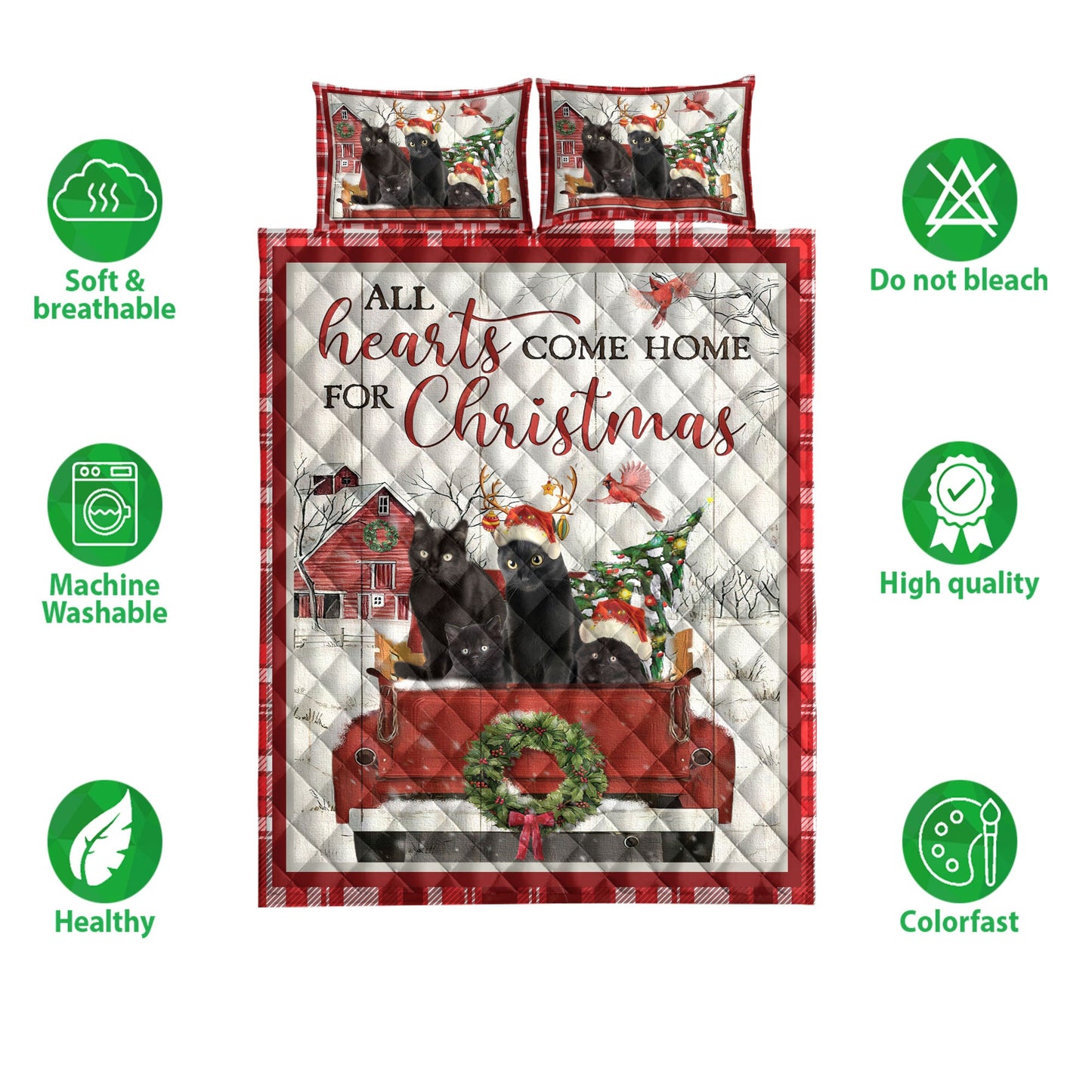 Black Cat Quilt Set, Black Cat With Truckmas Tree Snowflake Farmho Use Red Plaid Quilt Blanket With Pillowcases, Quilt Bedding Set, Christmas Gift