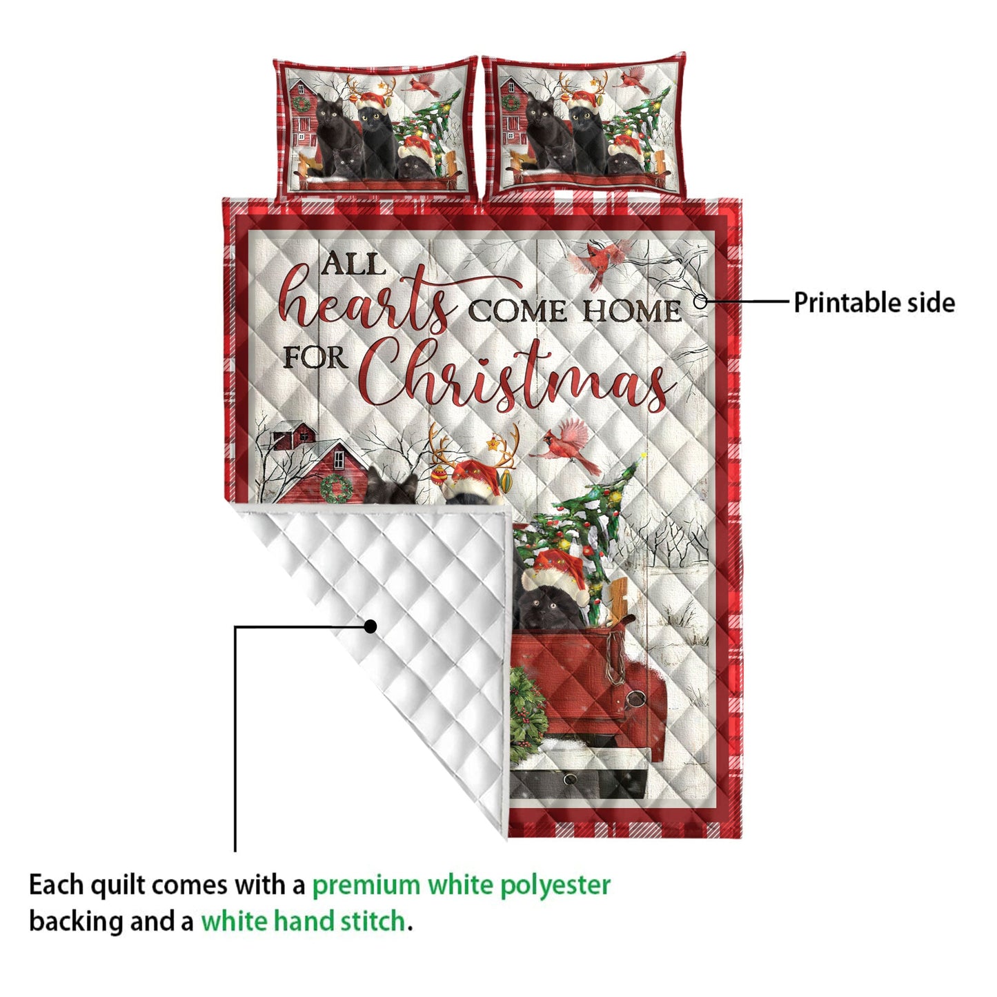 Black Cat Quilt Set, Black Cat With Truckmas Tree Snowflake Farmho Use Red Plaid Quilt Blanket With Pillowcases, Quilt Bedding Set, Christmas Gift