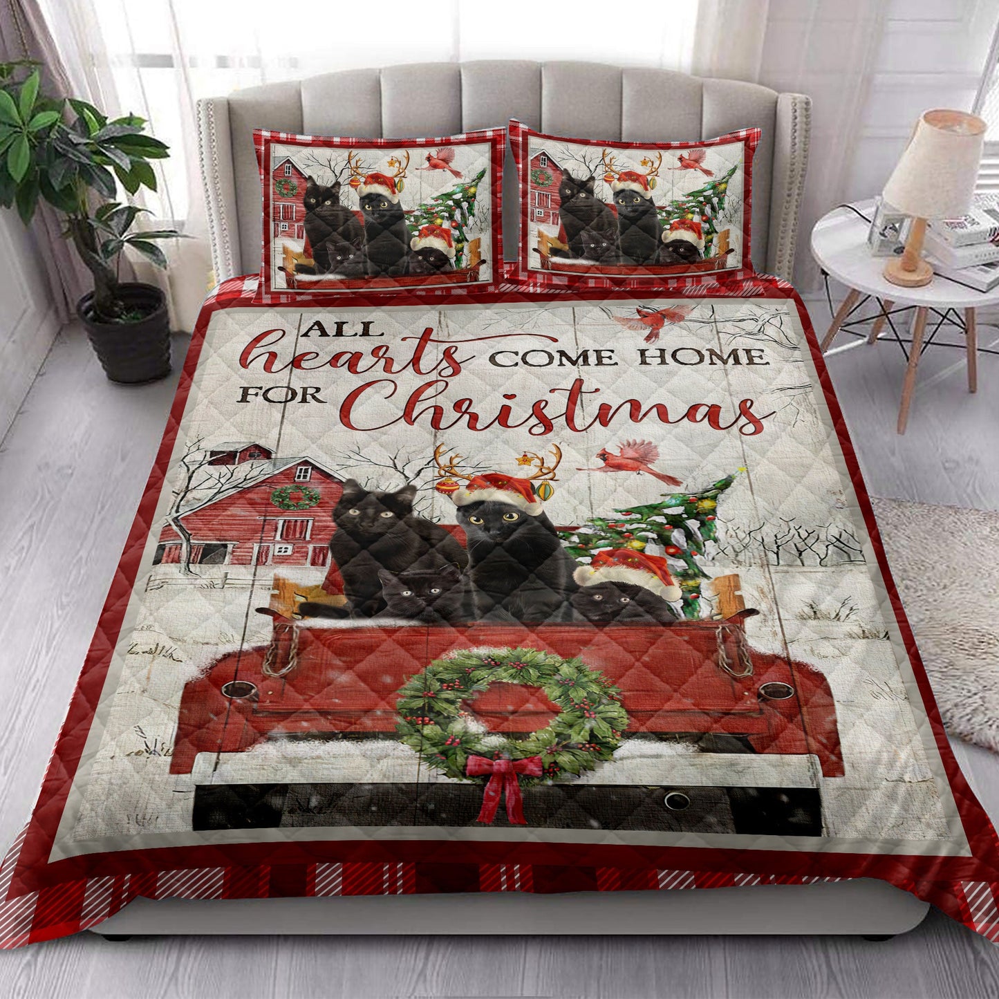 Black Cat Quilt Set, Black Cat With Truckmas Tree Snowflake Farmho Use Red Plaid Quilt Blanket With Pillowcases, Quilt Bedding Set, Christmas Gift
