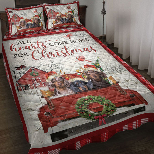 Dachshund Quilt Set, Dachshund With Truckmas Tree Snowflake Farmho Use Red Plaid Quilt Blanket With Pillowcases, Quilt Bedding Set, Christmas Gift
