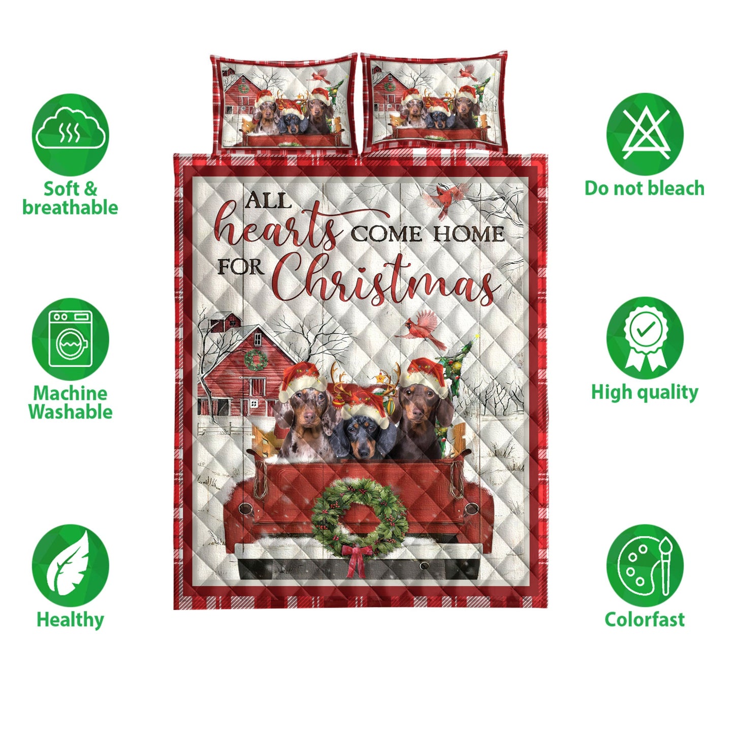 Dachshund Quilt Set, Dachshund With Truckmas Tree Snowflake Farmho Use Red Plaid Quilt Blanket With Pillowcases, Quilt Bedding Set, Christmas Gift