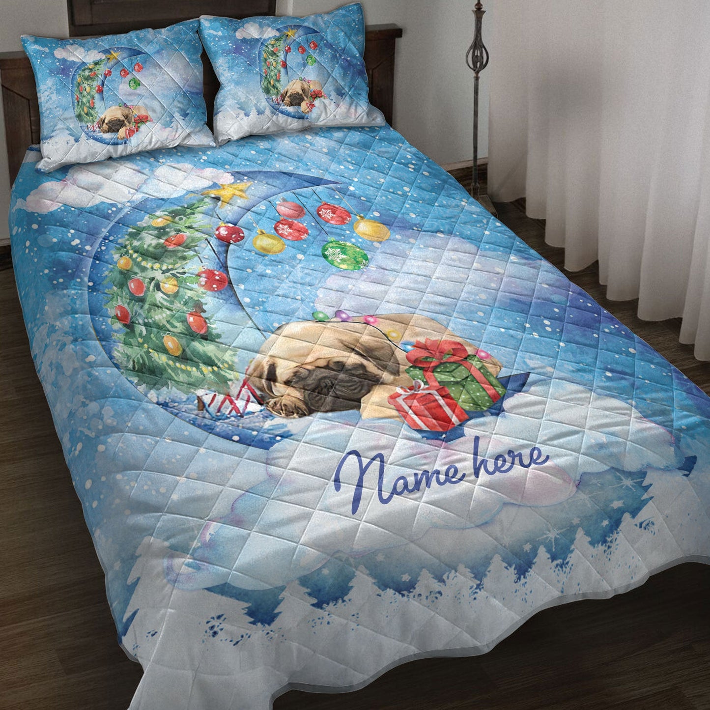 Pug Quilt Set, Pug Sleeping On The Moon Snowflakemas Tree Box Dog Quilt Blanket With Pillowcases, Quilt Bedding Set, Christmas Gift