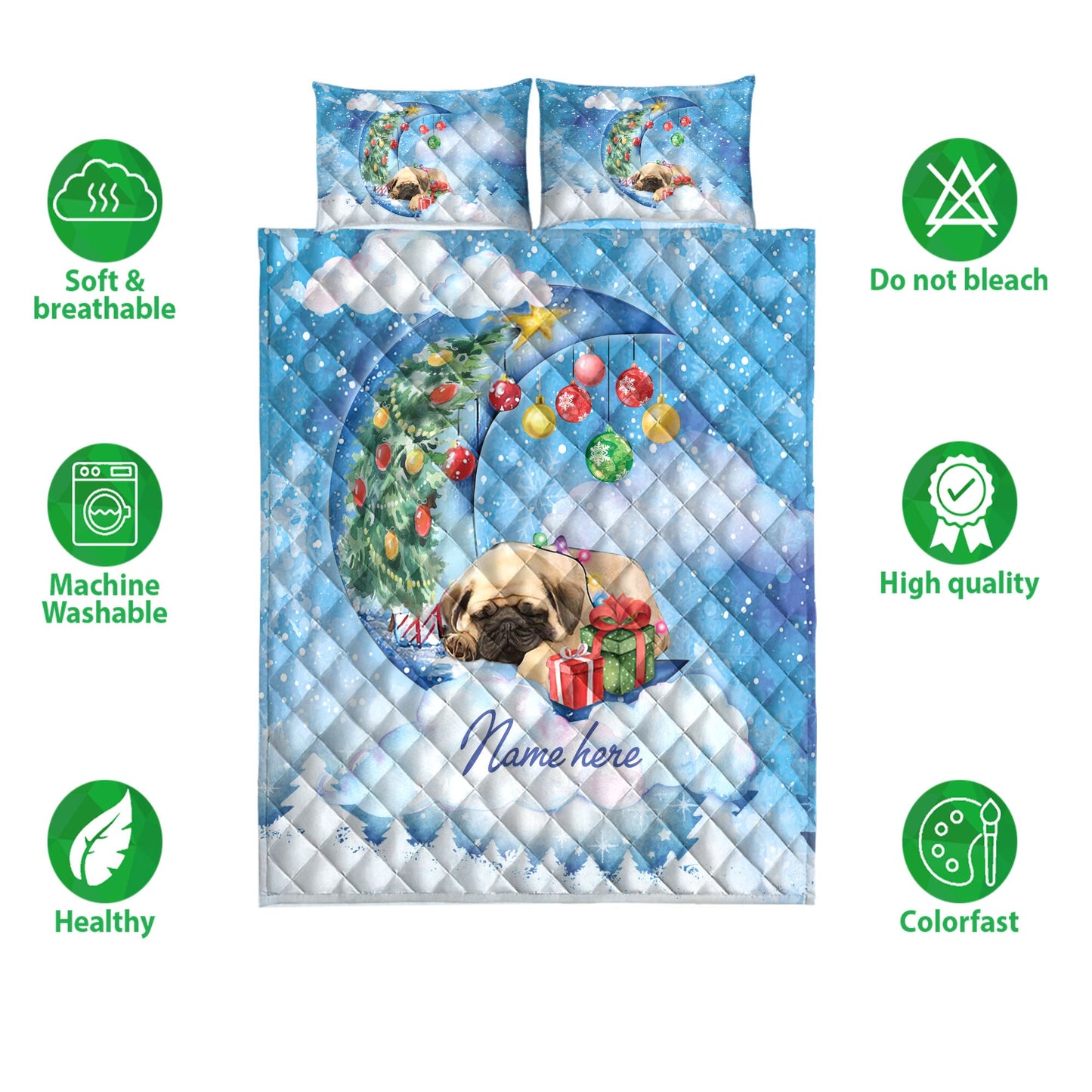 Pug Quilt Set, Pug Sleeping On The Moon Snowflakemas Tree Box Dog Quilt Blanket With Pillowcases, Quilt Bedding Set, Christmas Gift