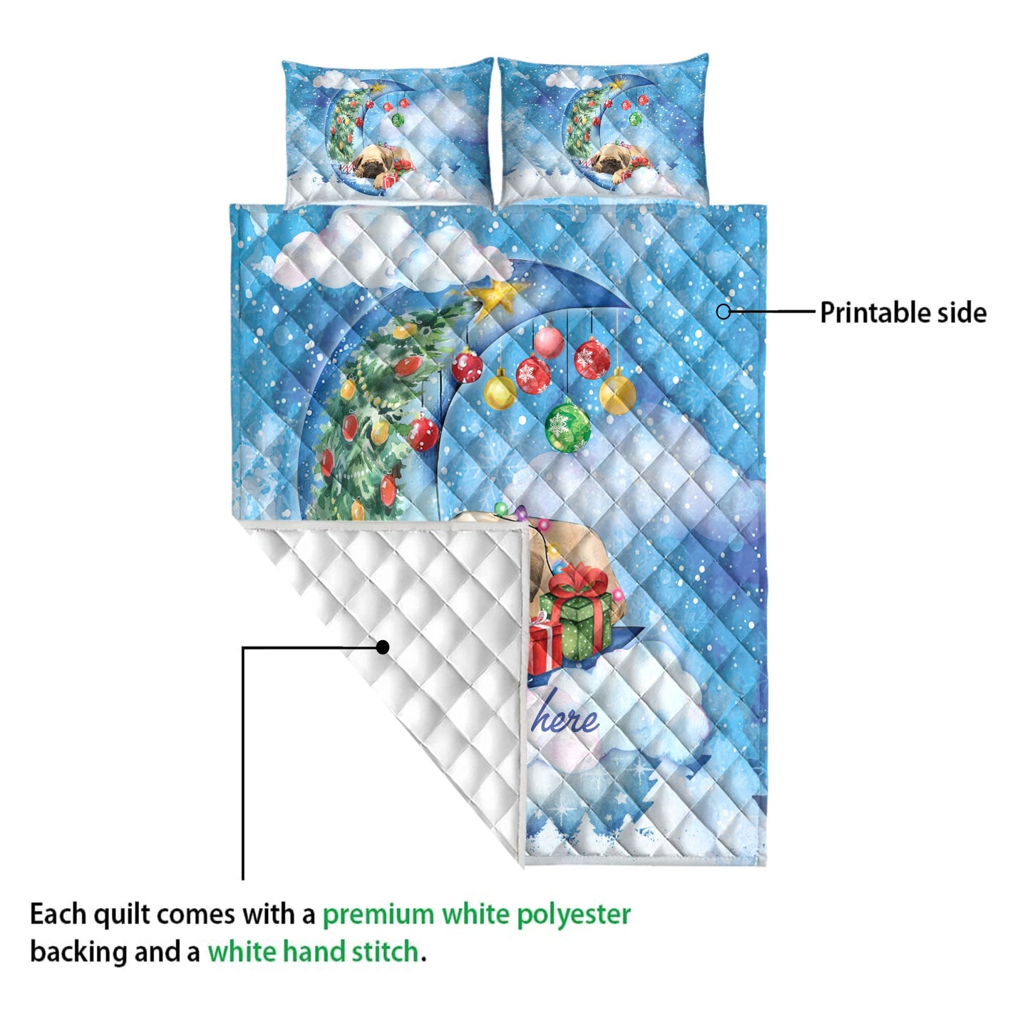 Pug Quilt Set, Pug Sleeping On The Moon Snowflakemas Tree Box Dog Quilt Blanket With Pillowcases, Quilt Bedding Set, Christmas Gift