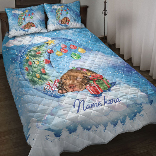 Pitbull Quilt Set, Pitbull Sleeping On The Moon Snowflakemas Tree Dog Quilt Blanket With Pillowcases, Quilt Bedding Set, Christmas Gift