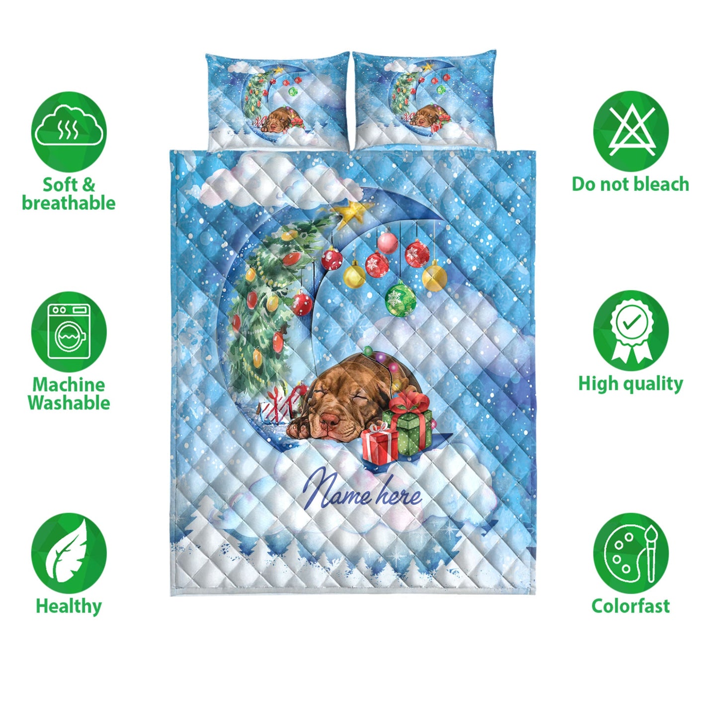 Pitbull Quilt Set, Pitbull Sleeping On The Moon Snowflakemas Tree Dog Quilt Blanket With Pillowcases, Quilt Bedding Set, Christmas Gift
