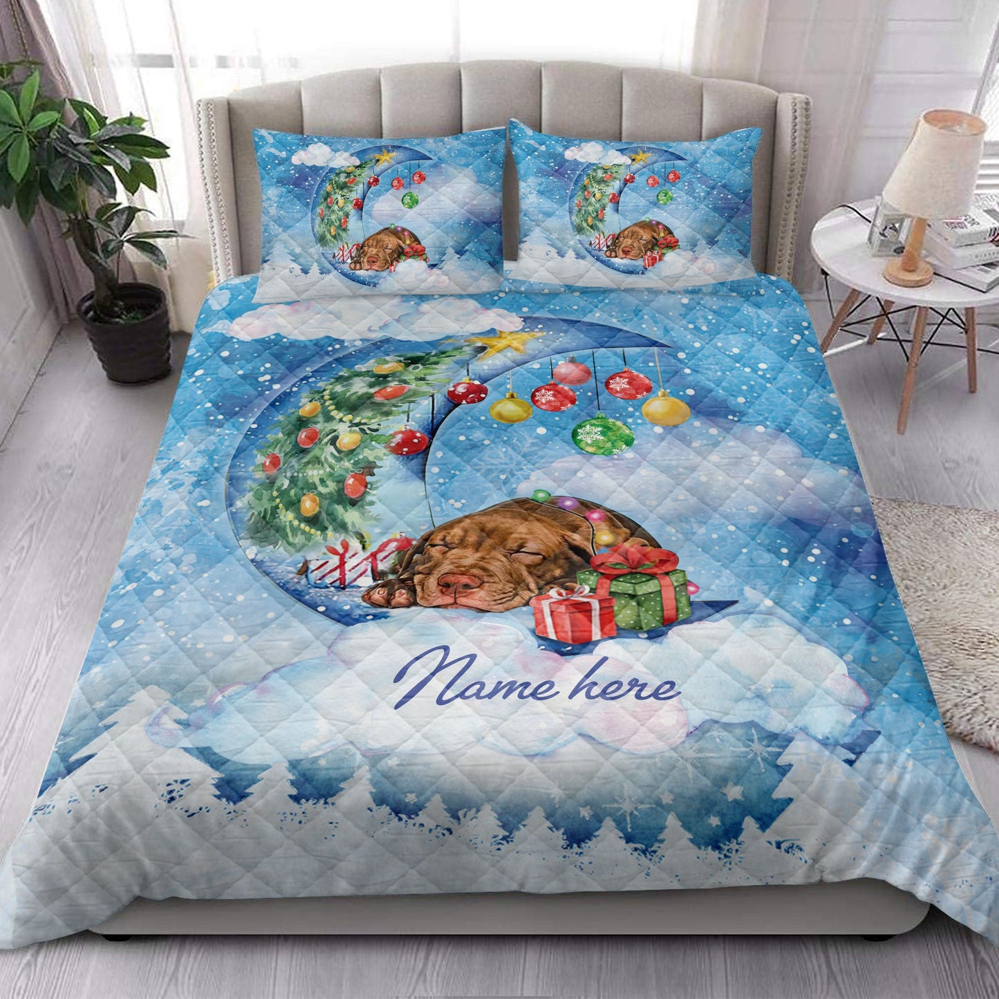 Pitbull Quilt Set, Pitbull Sleeping On The Moon Snowflakemas Tree Dog Quilt Blanket With Pillowcases, Quilt Bedding Set, Christmas Gift