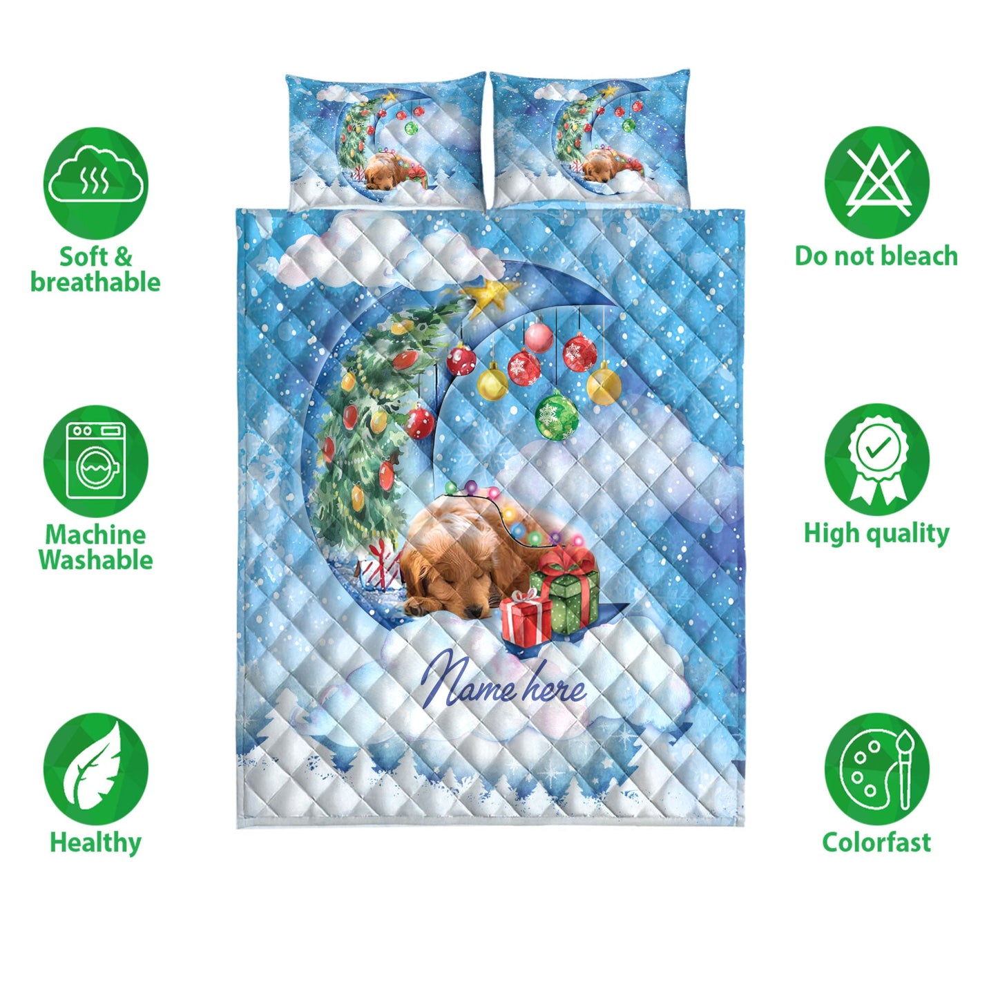 Goldendoodle Quilt Set, Goldendoodle Sleeping On The Moon Snowflake Xmas Tree Dog Quilt Blanket With Pillowcases, Quilt Bedding Set