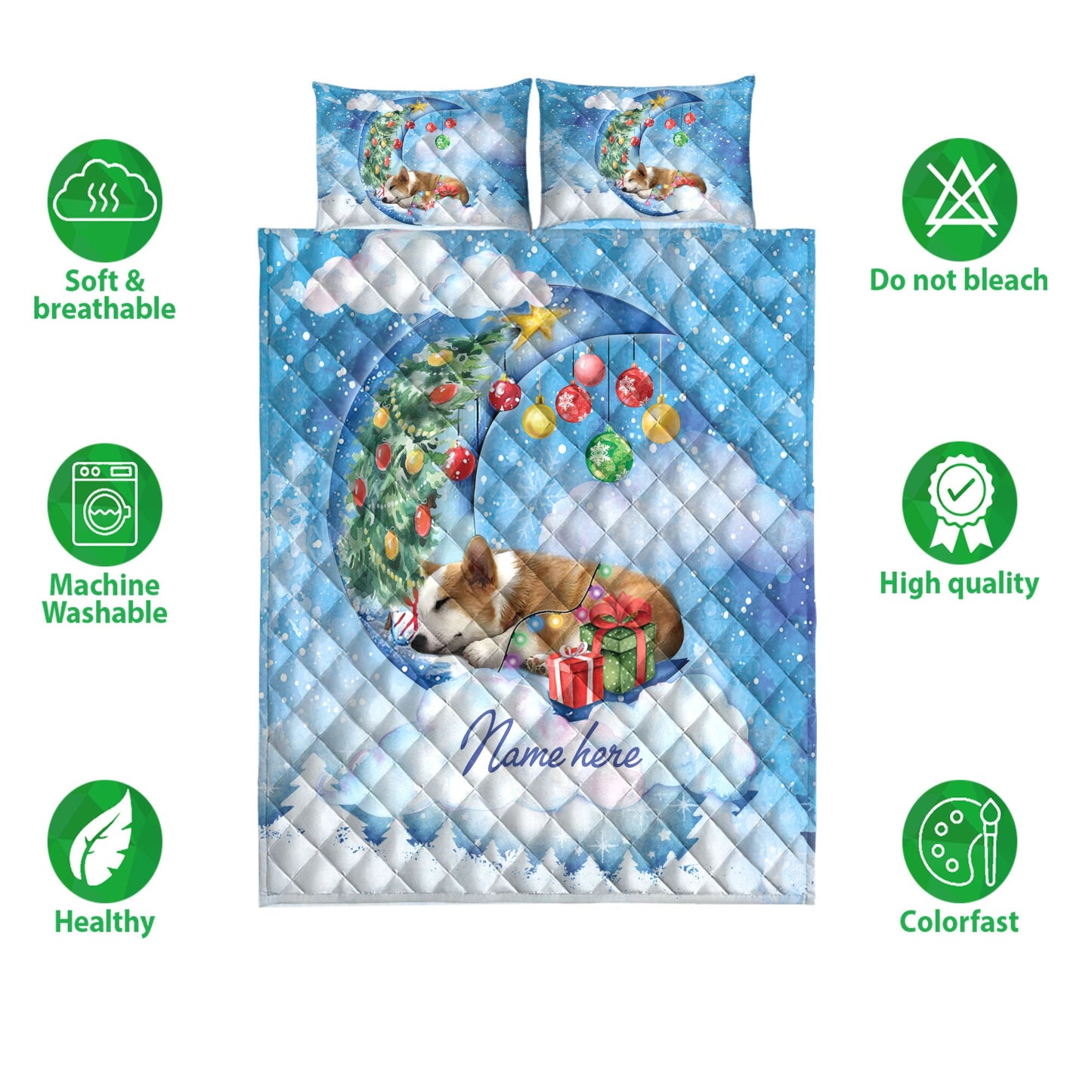 Corgi Quilt Set, Corgi Sleeping On The Moon Snowflakemas Tree Dog Quilt Blanket With Pillowcases, Quilt Bedding Set, Christmas Gift