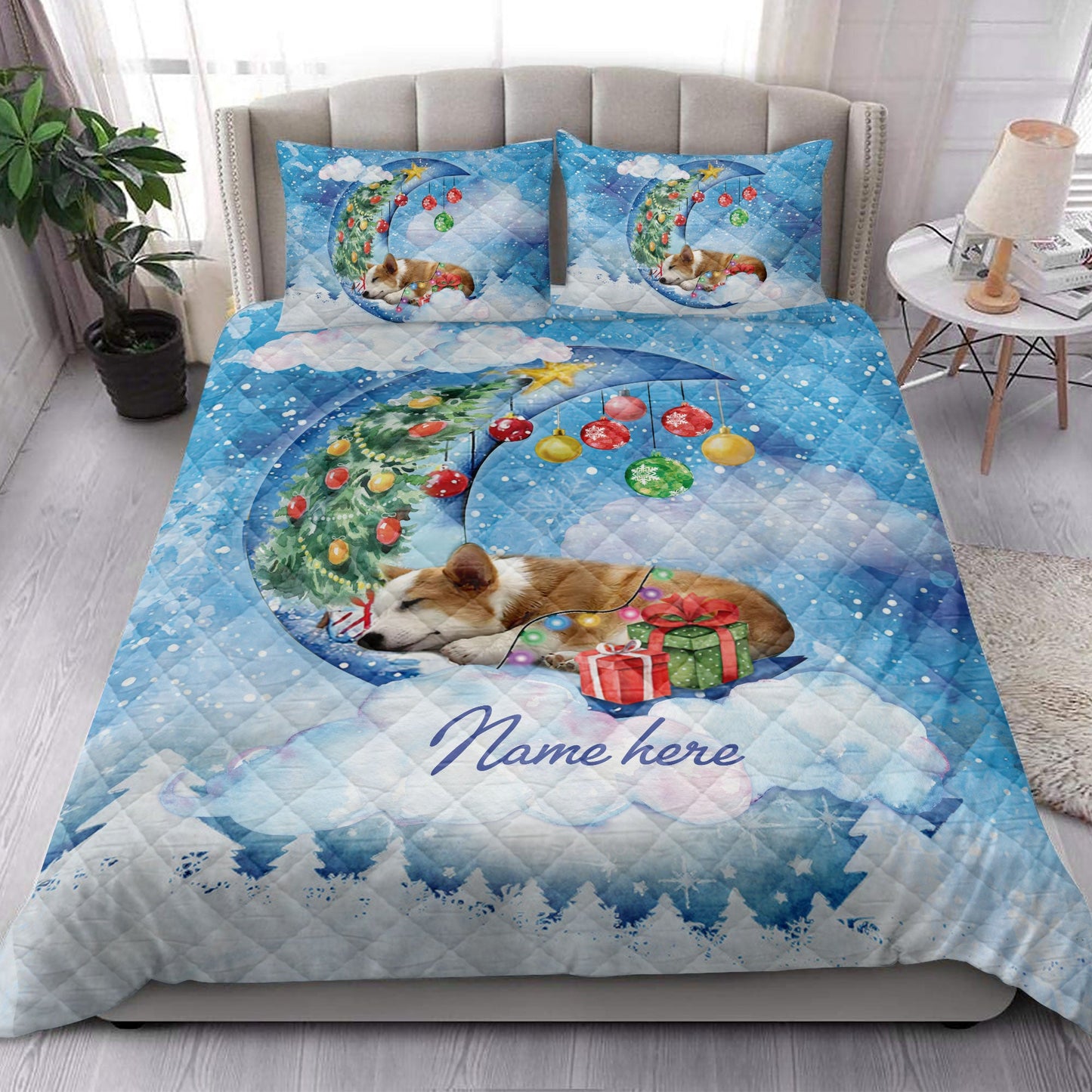 Corgi Quilt Set, Corgi Sleeping On The Moon Snowflakemas Tree Dog Quilt Blanket With Pillowcases, Quilt Bedding Set, Christmas Gift
