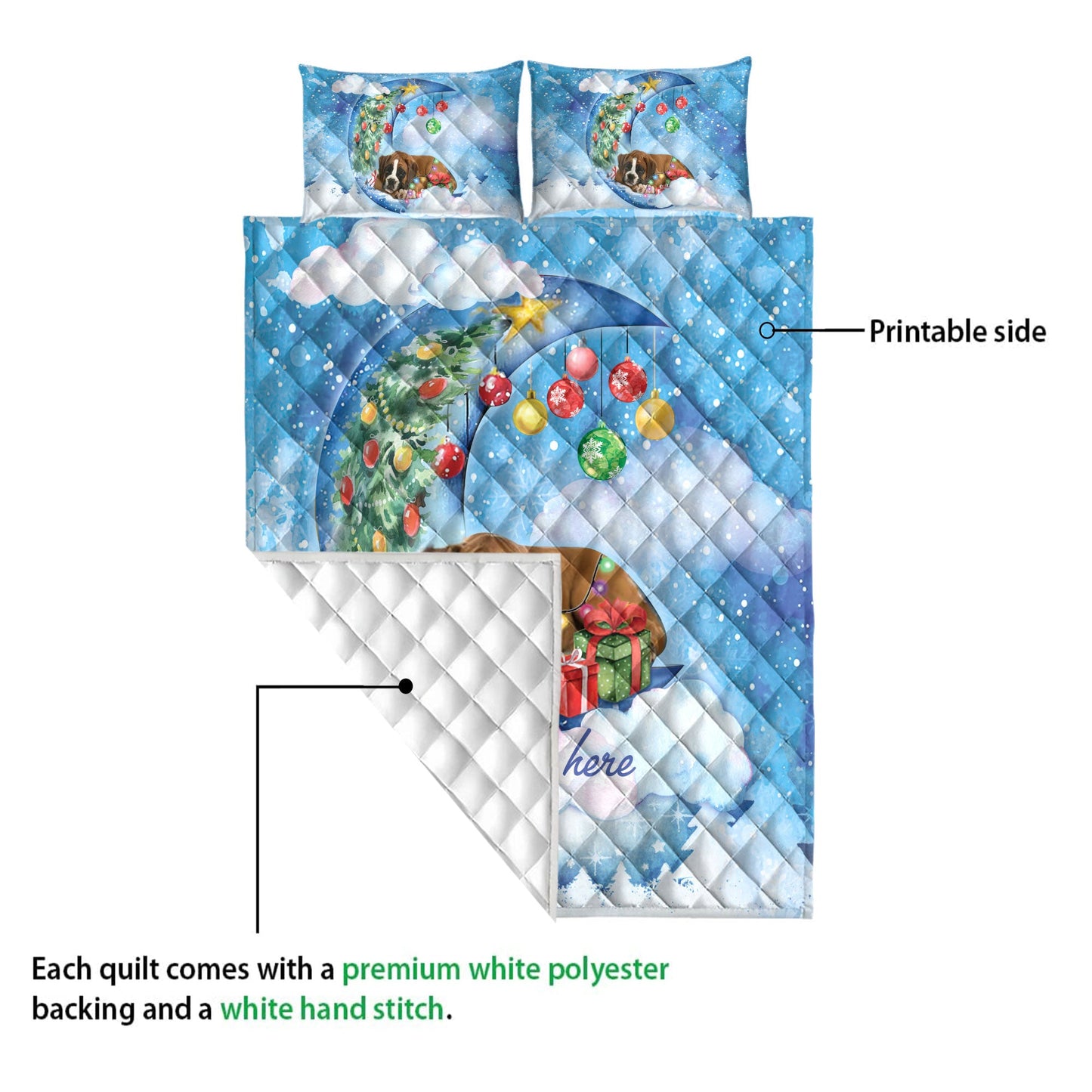 Boxer Quilt Set, Boxer Sleeping On The Moon Snowflakemas Tree Dog Quilt Blanket With Pillowcases, Quilt Bedding Set, Christmas Gift