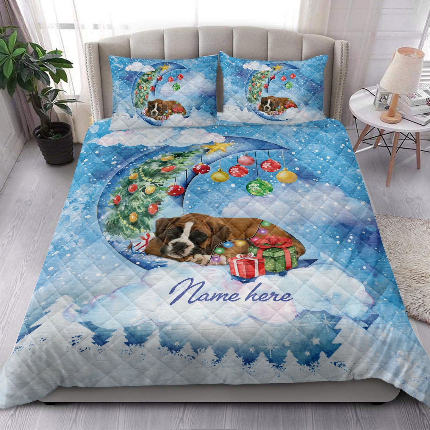Boxer Quilt Set, Boxer Sleeping On The Moon Snowflakemas Tree Dog Quilt Blanket With Pillowcases, Quilt Bedding Set, Christmas Gift