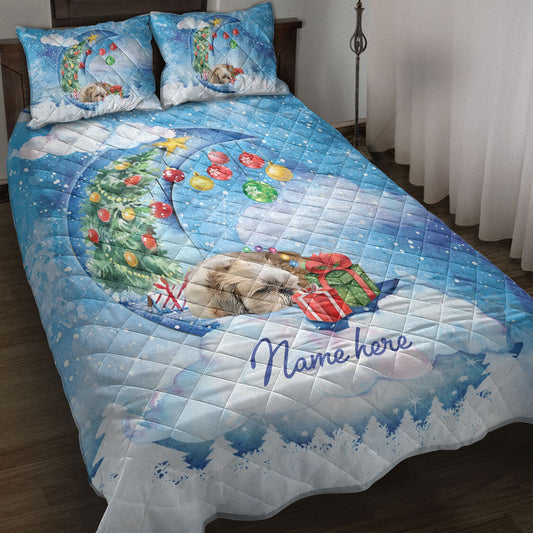 Shih Tzu Quilt Set, Shih Tzu Sleeping On The Moon Snowflakemas Tree Dog Quilt Blanket With Pillowcases, Quilt Bedding Set, Christmas Gift