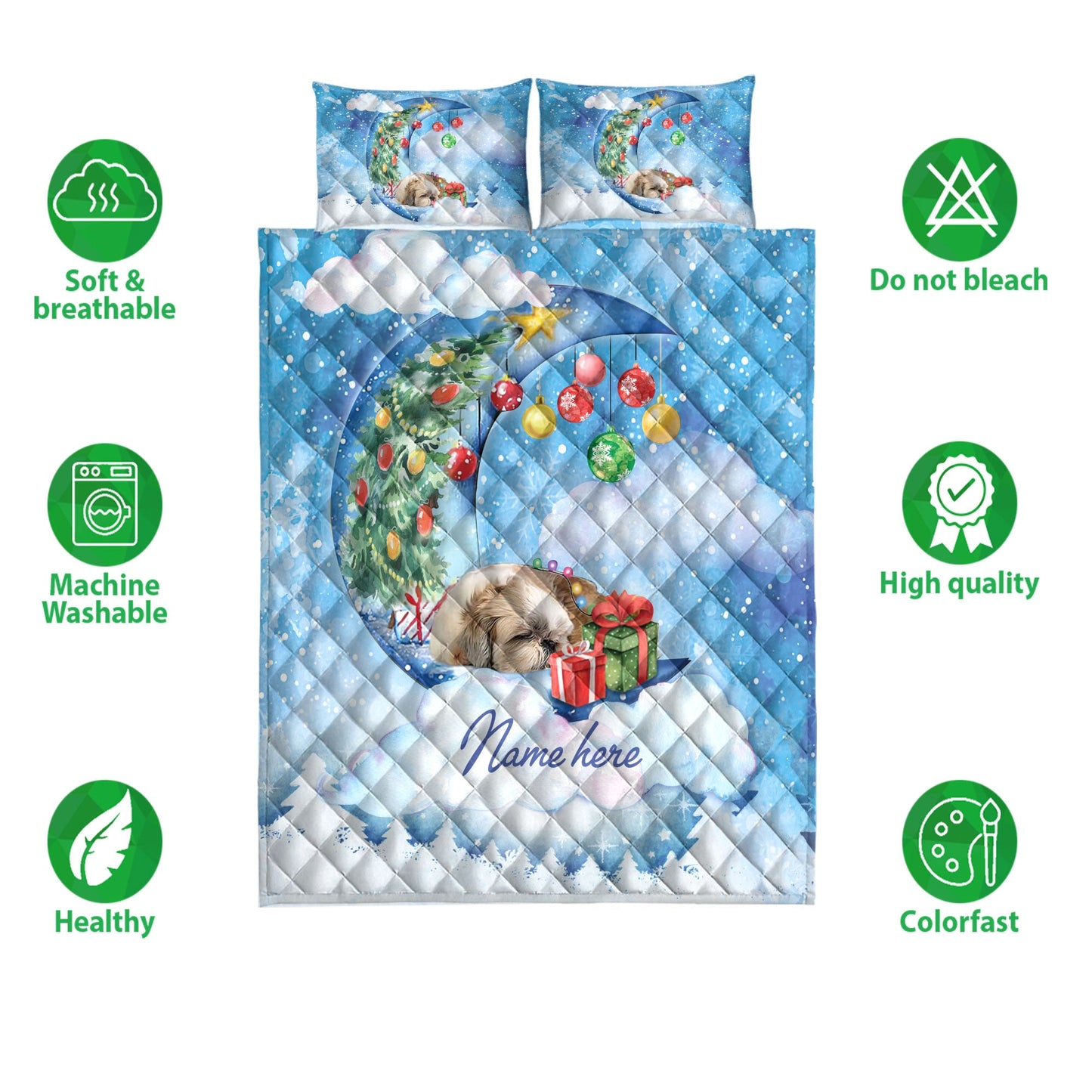 Shih Tzu Quilt Set, Shih Tzu Sleeping On The Moon Snowflakemas Tree Dog Quilt Blanket With Pillowcases, Quilt Bedding Set, Christmas Gift
