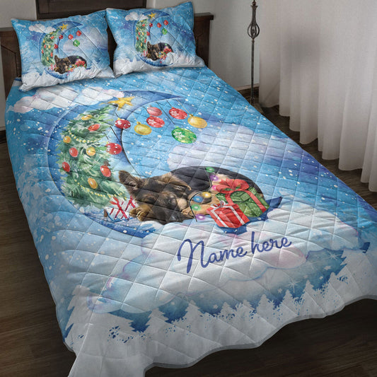 German Shepherd Quilt Set, German Shepherd Sleeping On The Moon Snowflake Xmas Tree Dog Quilt Blanket With Pillowcases, Quilt Bedding Set