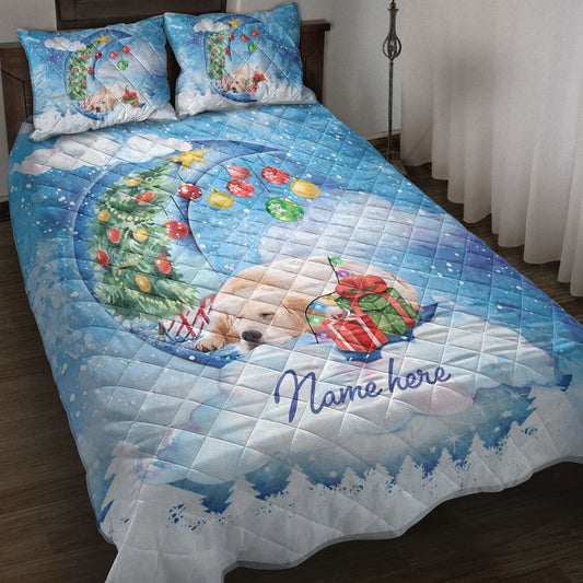 Golden Retriever Quilt Set, Golden Retriever Sleeping On The Moonmas Tree Dog Quilt Blanket With Pillowcases, Quilt Bedding Set, Christmas Gift