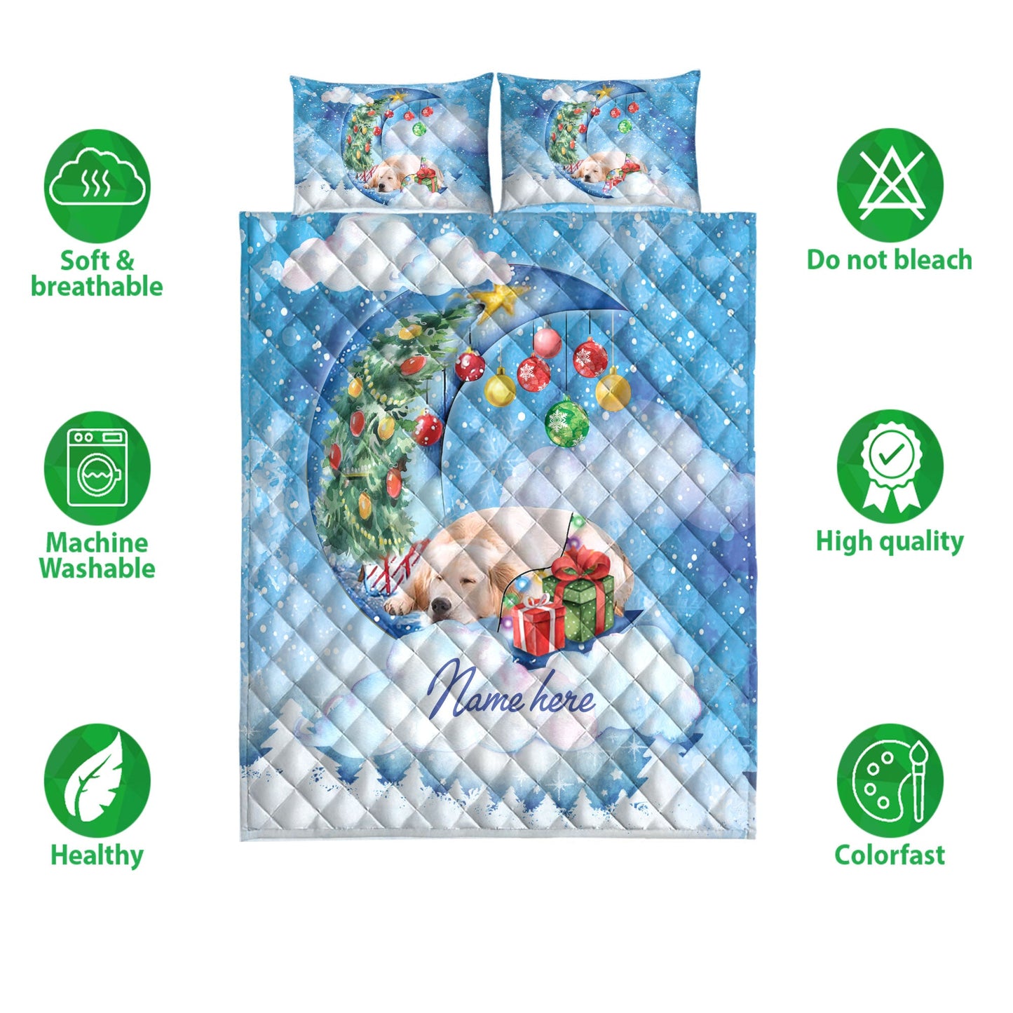 Golden Retriever Quilt Set, Golden Retriever Sleeping On The Moonmas Tree Dog Quilt Blanket With Pillowcases, Quilt Bedding Set, Christmas Gift