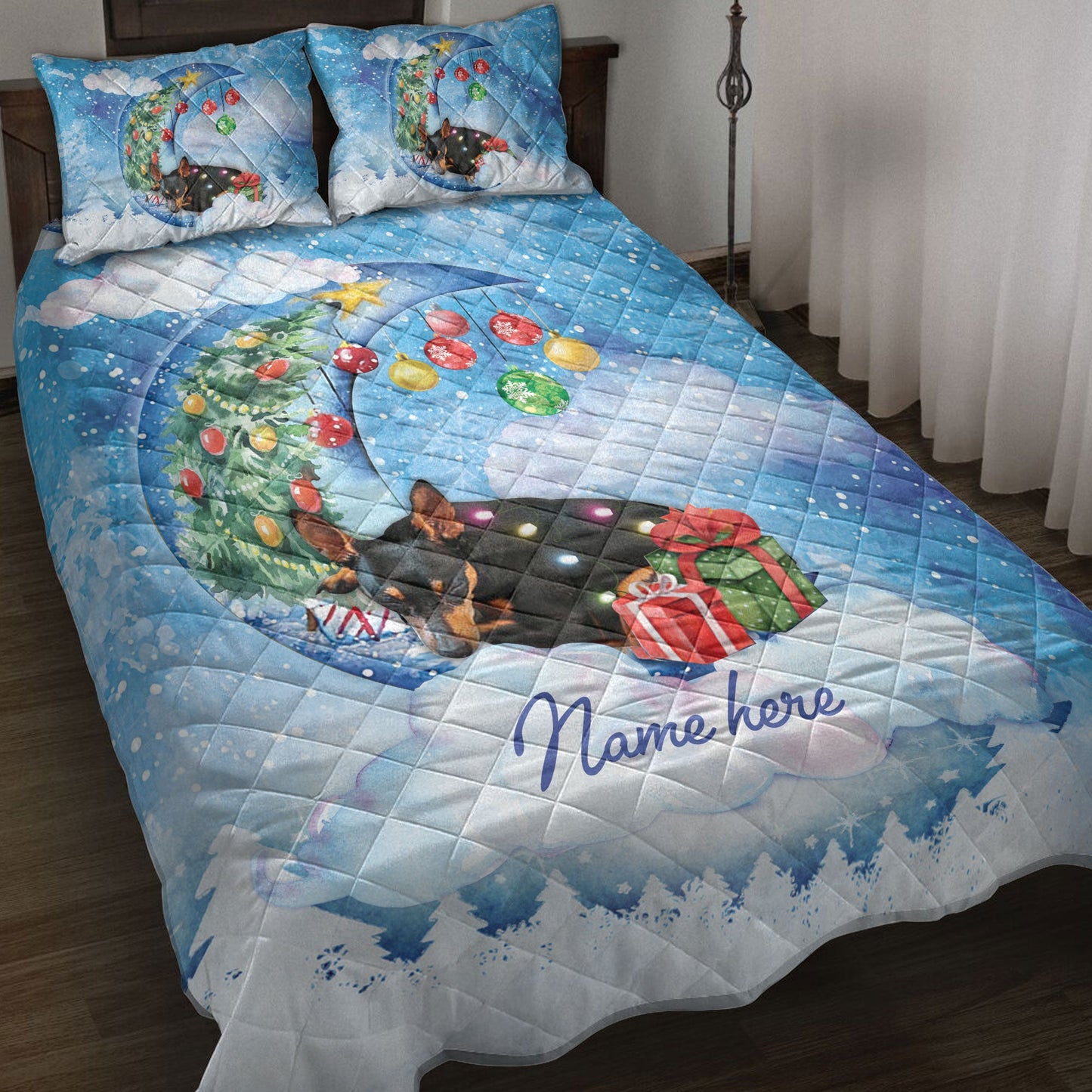 Miniature Pinscher Quilt Set, Miniature Pinscher Sleeping On The Moonmas Tree Dog Quilt Blanket With Pillowcases, Quilt Bedding Set, Christmas Gift