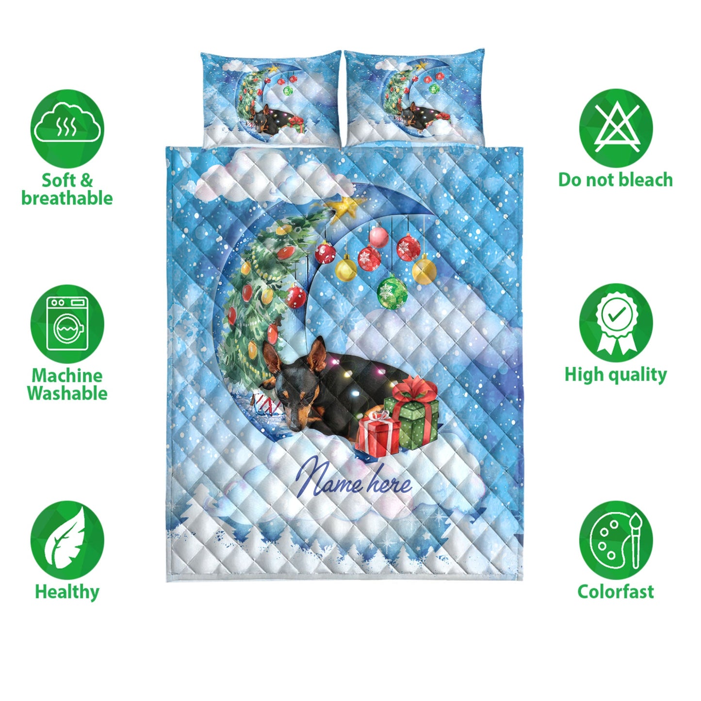 Miniature Pinscher Quilt Set, Miniature Pinscher Sleeping On The Moonmas Tree Dog Quilt Blanket With Pillowcases, Quilt Bedding Set, Christmas Gift