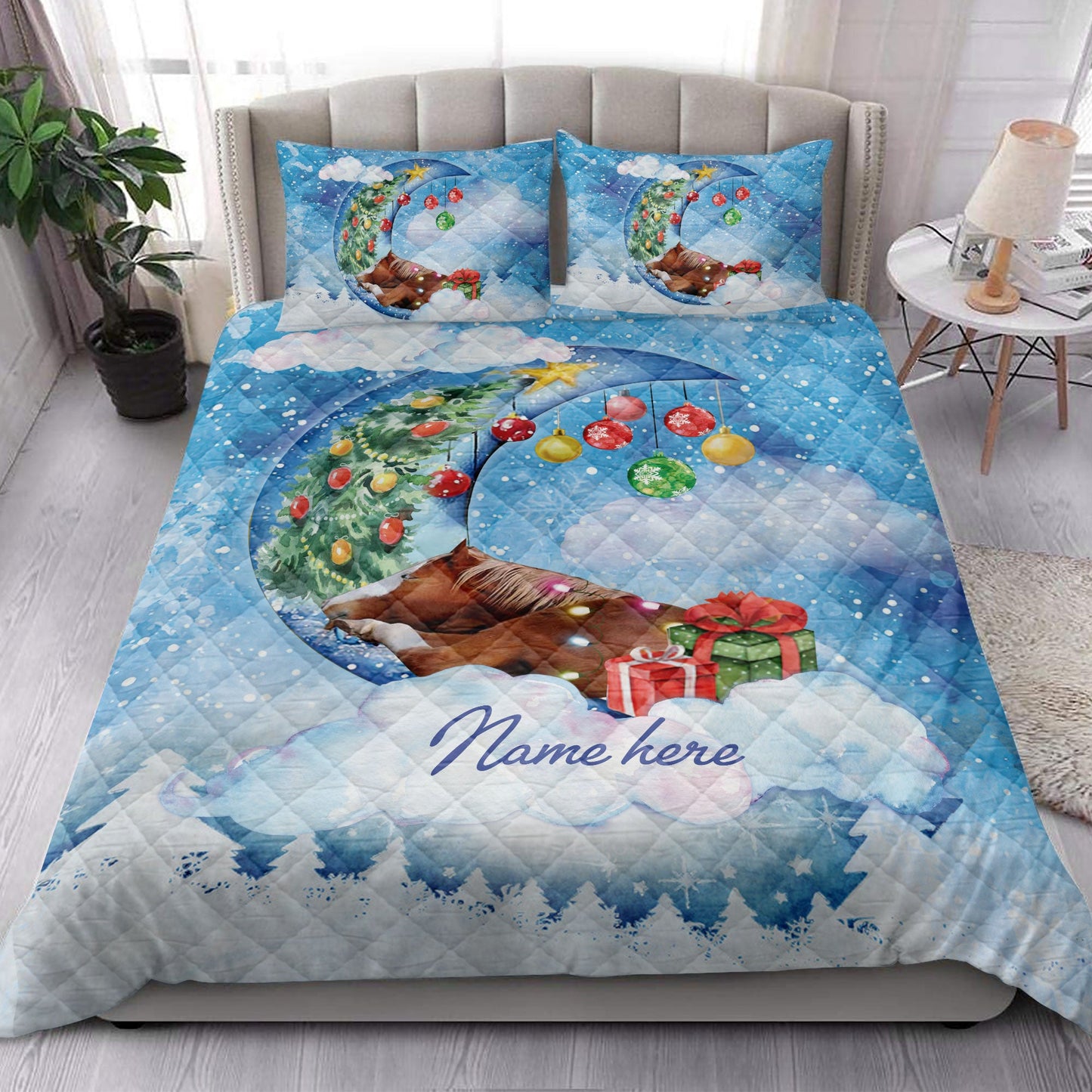 Horse Quilt Set, Horse Sleeping On The Moon Snowflakemas Tree Dog Quilt Blanket With Pillowcases, Quilt Bedding Set, Christmas Gift