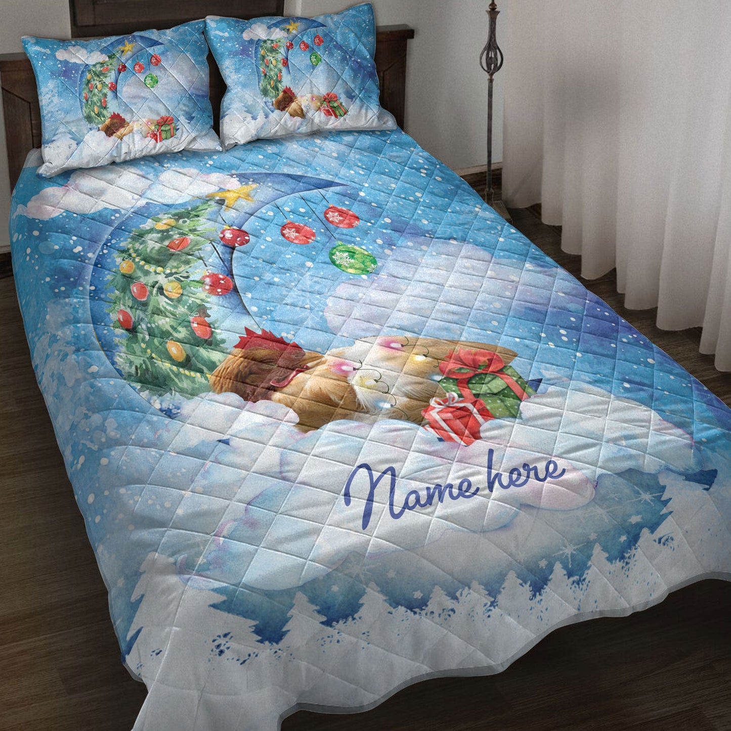Chicken Quilt Set, Chicken Sleeping On The Moon Snowflakemas Tree Dog Quilt Blanket With Pillowcases, Quilt Bedding Set, Christmas Gift