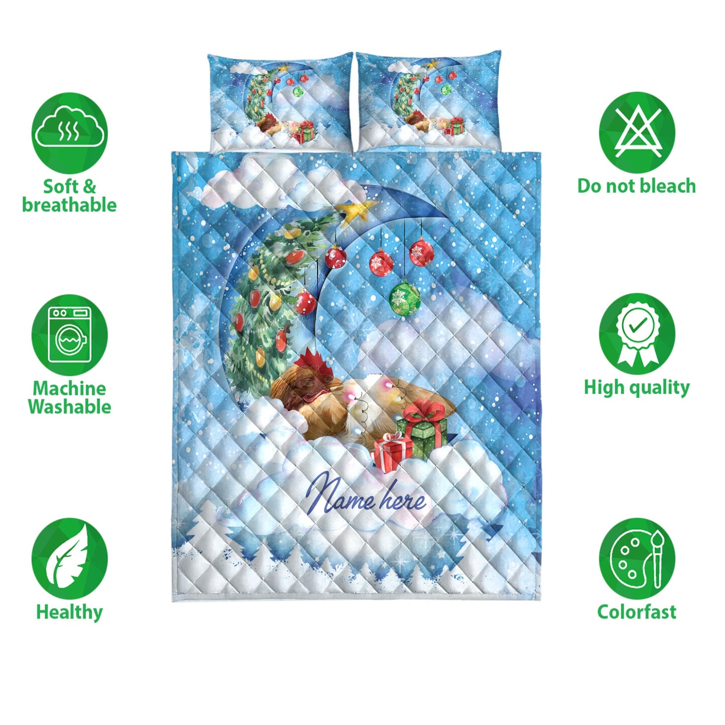Chicken Quilt Set, Chicken Sleeping On The Moon Snowflakemas Tree Dog Quilt Blanket With Pillowcases, Quilt Bedding Set, Christmas Gift