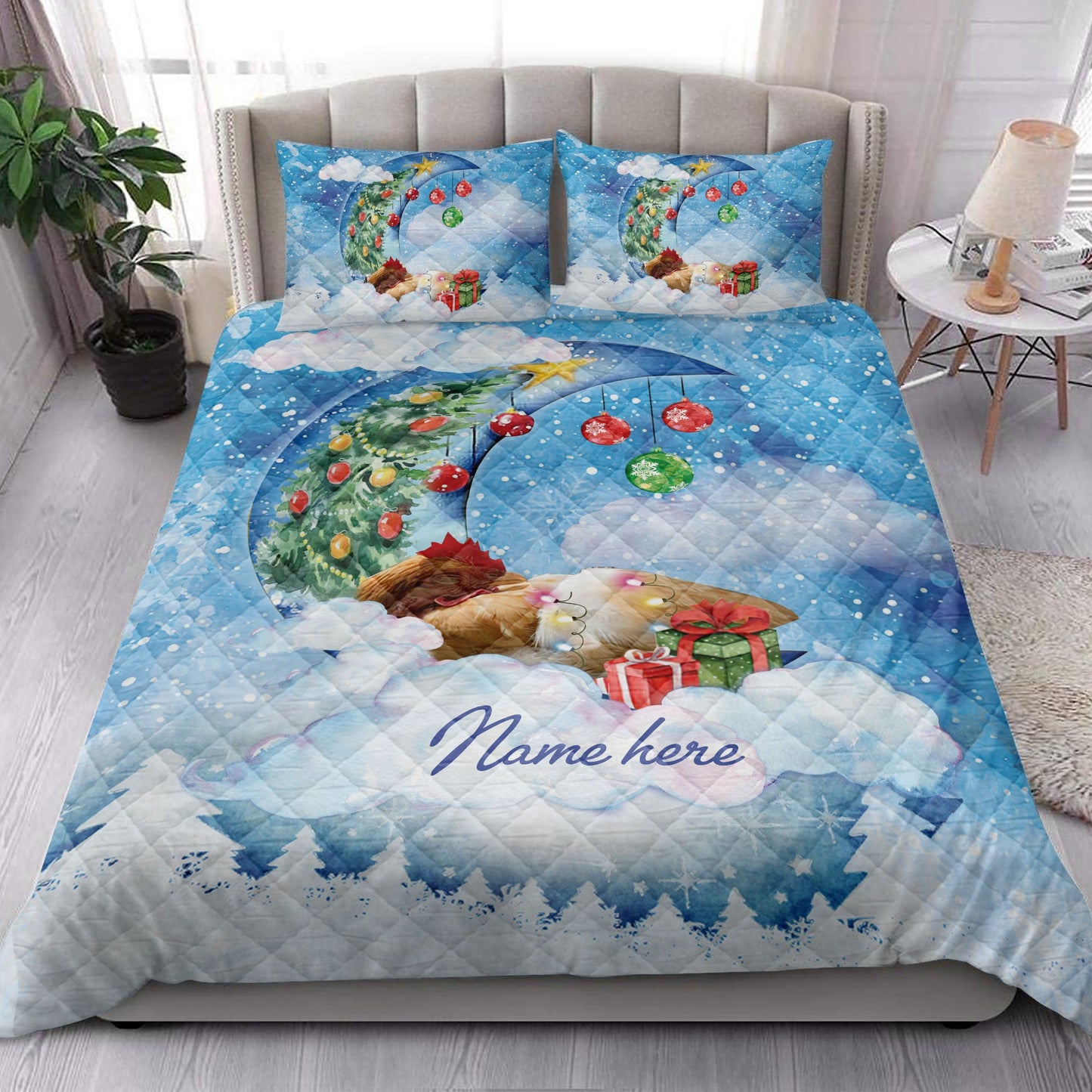 Chicken Quilt Set, Chicken Sleeping On The Moon Snowflakemas Tree Dog Quilt Blanket With Pillowcases, Quilt Bedding Set, Christmas Gift