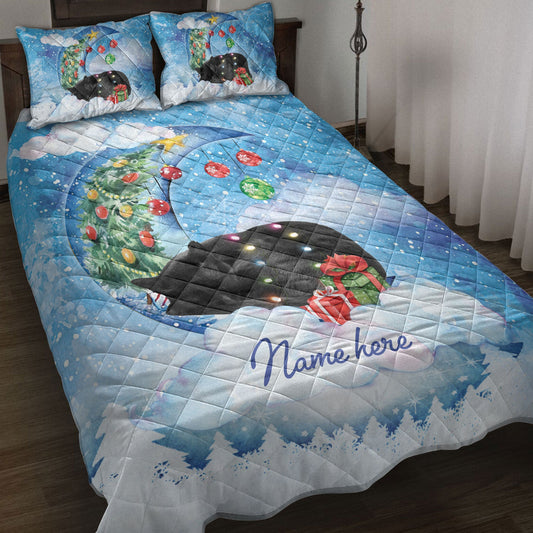 Black Cat Quilt Set, Black Cat Sleeping On The Moon Snowflake Xmas Tree Dog Quilt Blanket With Pillowcases, Quilt Bedding Set
