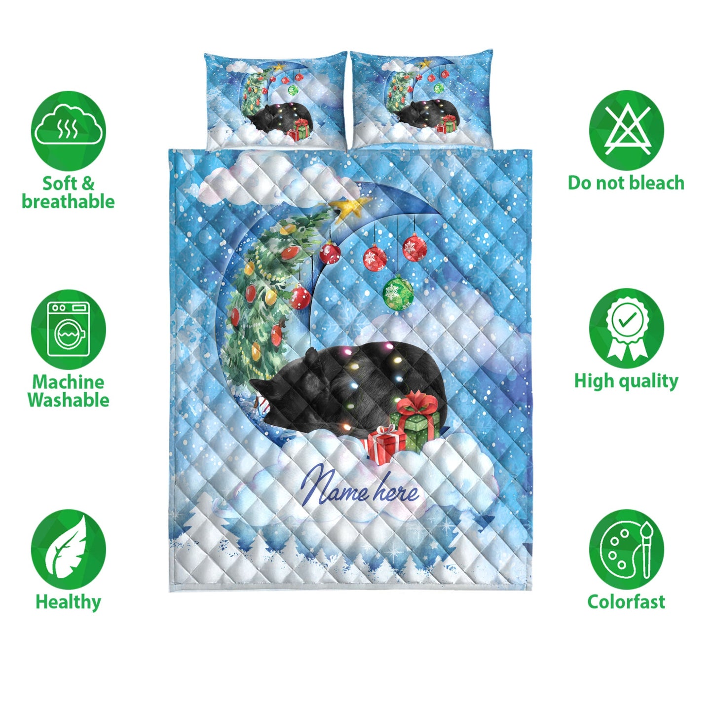 Black Cat Quilt Set, Black Cat Sleeping On The Moon Snowflake Xmas Tree Dog Quilt Blanket With Pillowcases, Quilt Bedding Set