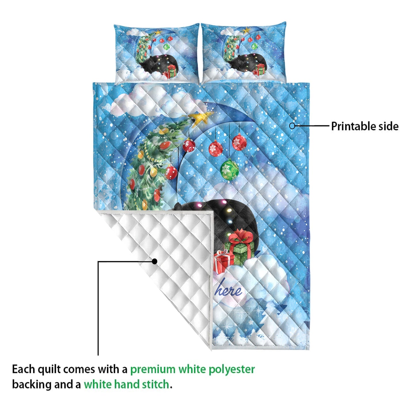 Black Cat Quilt Set, Black Cat Sleeping On The Moon Snowflake Xmas Tree Dog Quilt Blanket With Pillowcases, Quilt Bedding Set