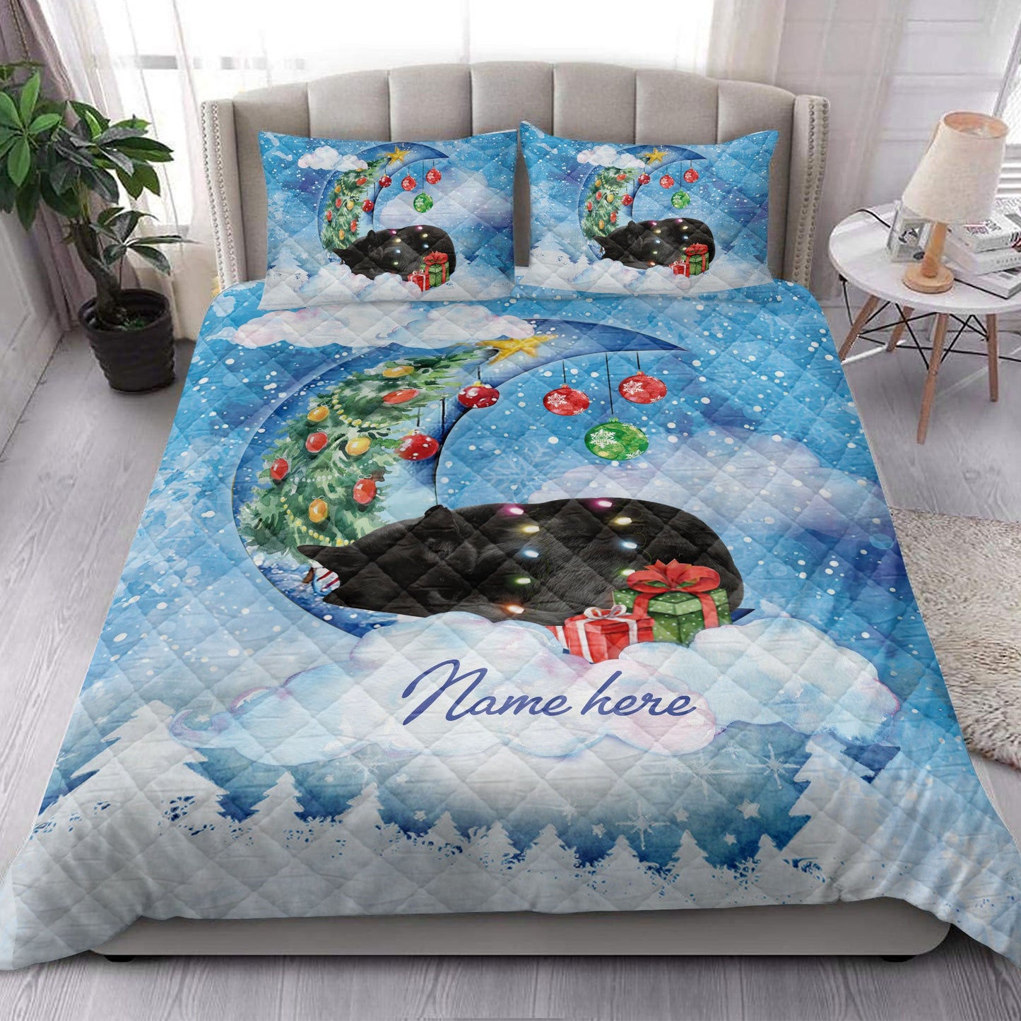 Black Cat Quilt Set, Black Cat Sleeping On The Moon Snowflake Xmas Tree Dog Quilt Blanket With Pillowcases, Quilt Bedding Set