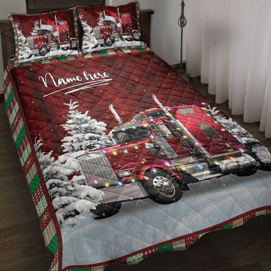 Trucker Quilt Set, Red Trucker With String Lightsmas Tree Snowdrift Quilt Blanket With Pillowcases, Quilt Bedding Set, Christmas Gift