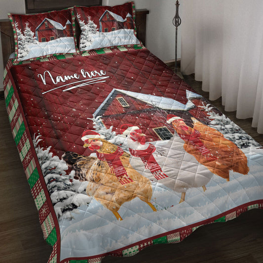 Chicken Quilt Set, Chicken Rooster With String Lightsmas Tree Snowdrift Quilt Blanket With Pillowcases, Quilt Bedding Set, Christmas Gift